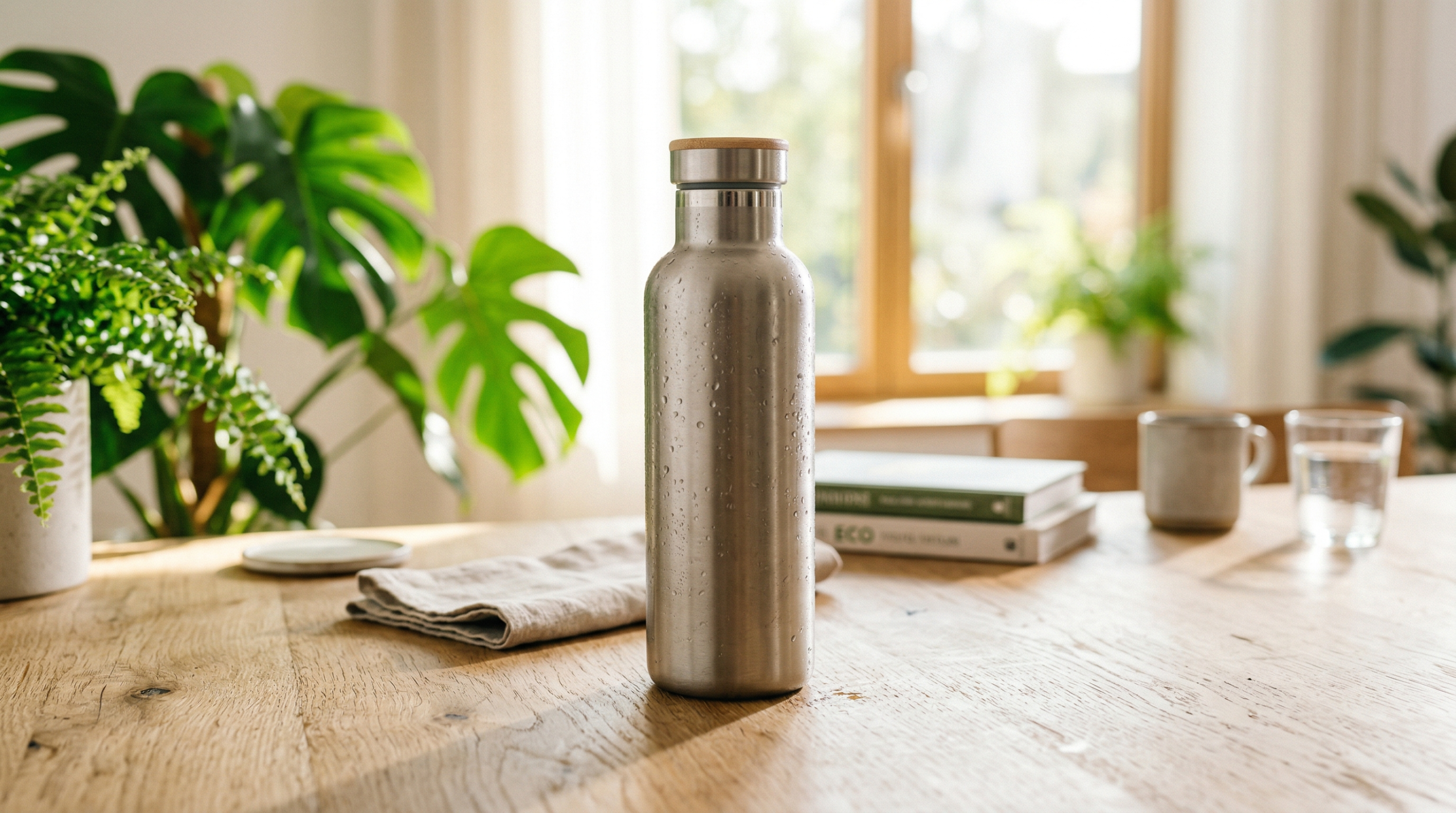 a reusable stainless steel water bottle placed on a clean light wooden table. The bottle is slightly dewy with freshwater droplets.