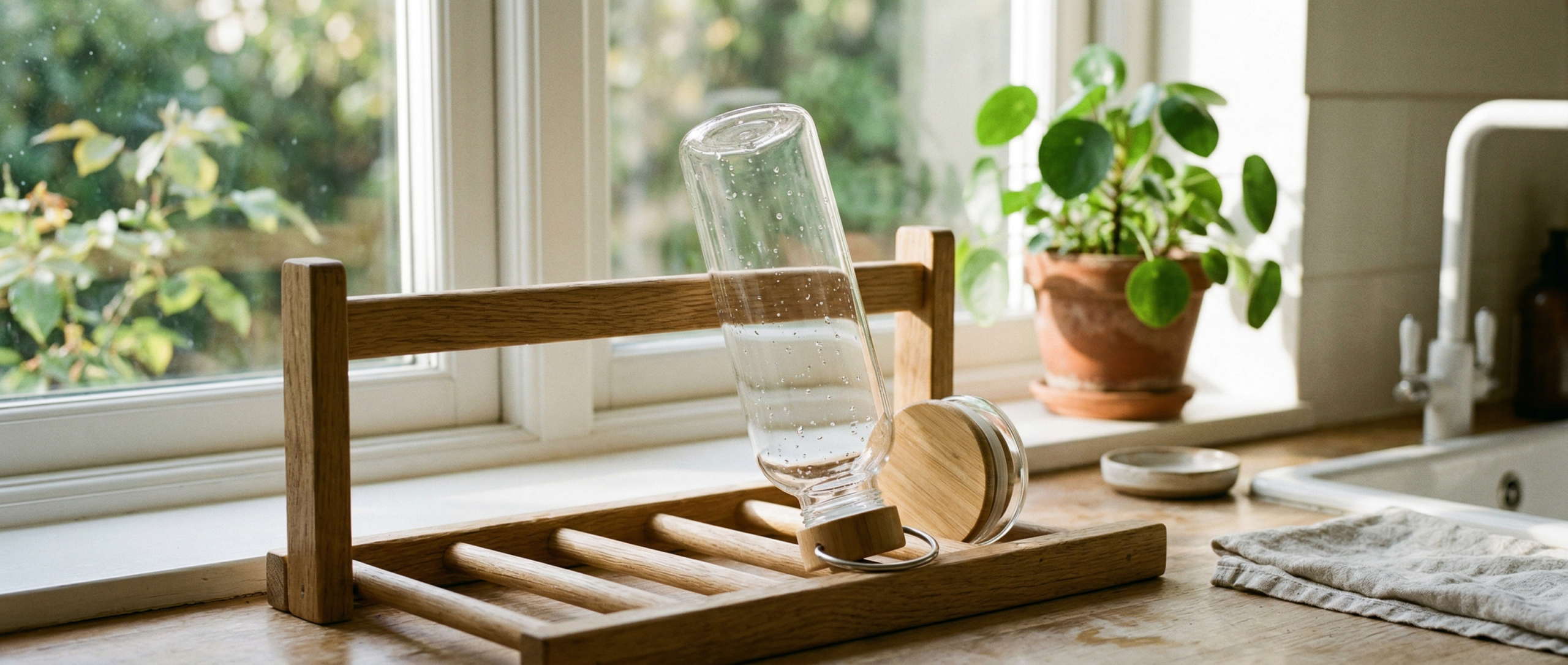 A reusable water bottle drying upside down on a wooden rack near a sunlit kitchen window.